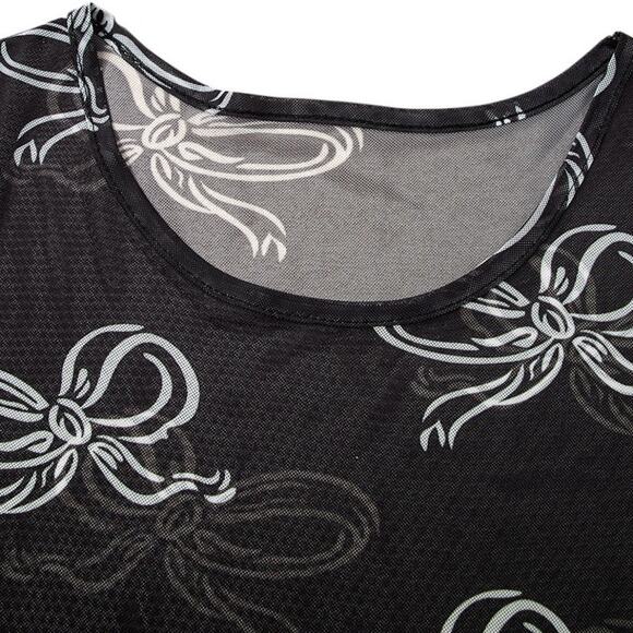 Black Round Neck Bow Print Short  Sleeve Mesh Top New Sizes S M L XL - Picture 3 of 9
